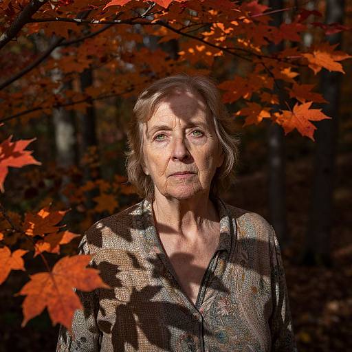 Photograph of an elderly woman with light brown hair, wearing a patterned blouse, standing under vibrant red-orange autumn leaves. Sunlight casts shadows on