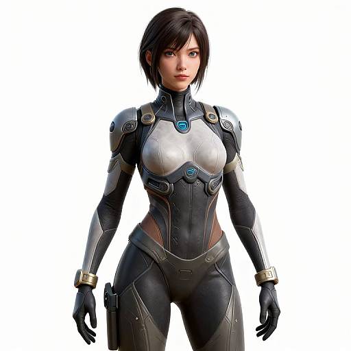 CGI image of a young Asian woman in a sleek, black and silver futuristic bodysuit with blue accents, standing confidently against a white background.