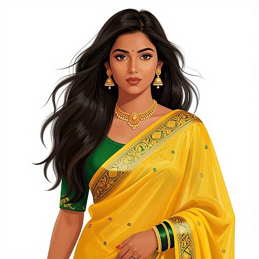 Digital illustration of a beautiful Indian woman with long black hair, wearing a yellow sari with green blouse, gold jewelry, and confident expression. White background