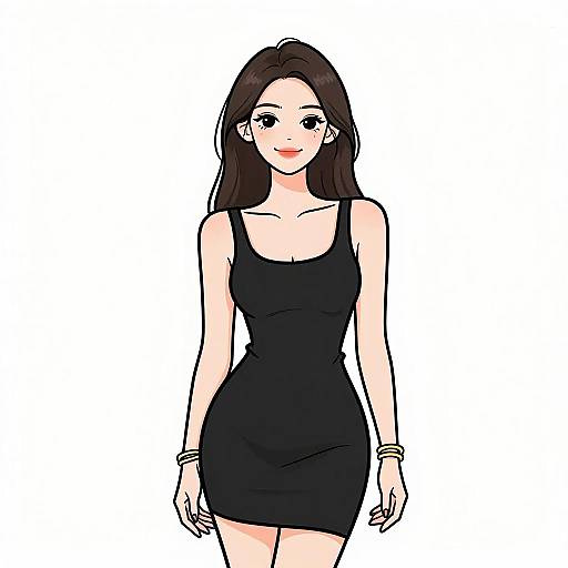 Digital anime-style drawing of a smiling woman with long brown hair, wearing a tight black dress, white background, and multiple bracelets.