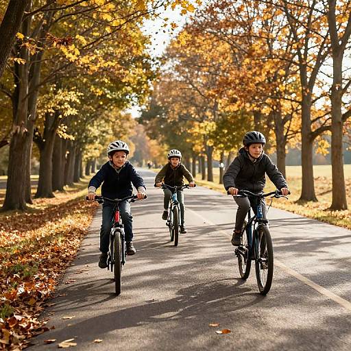 Photograph of three boys biking on a sunlit, autumn leaf-lined path, wearing helmets and dark fall clothing, with golden foliage in the background.