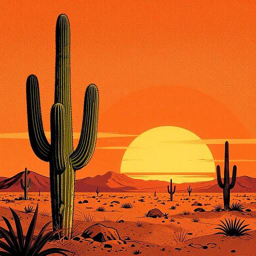 Digital artwork of a vibrant, orange desert sunset with a large cactus in the foreground and a sun setting behind distant mountains.