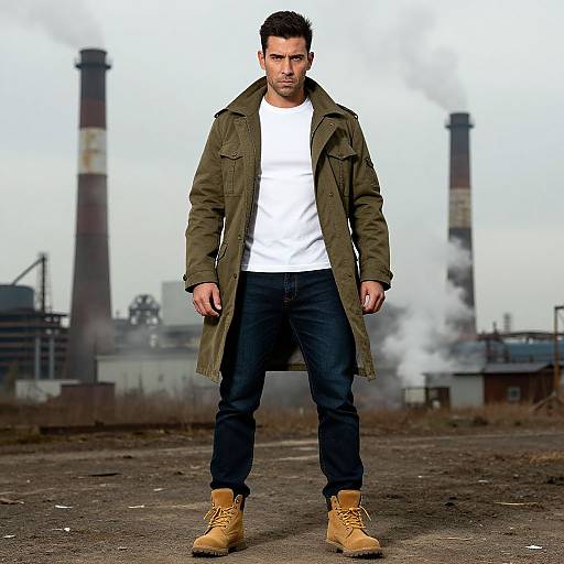 Photograph of a rugged, dark-haired man in an olive-green coat, white t-shirt, black jeans, and tan boots, standing confidently in an
