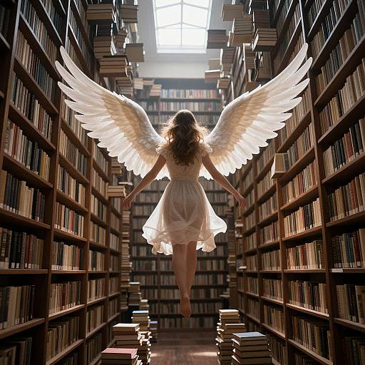 Digital art of a woman with angel wings, white dress, and flowing hair, flying down a narrow, sunlit library aisle.