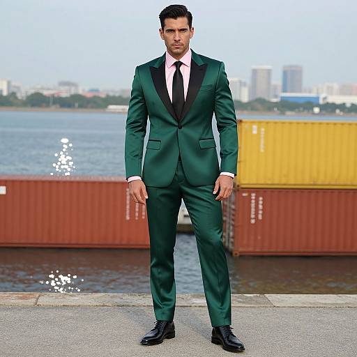 Photograph of a handsome man in a dark green suit, black tie, and polished black shoes, standing confidently by a waterfront with colorful shipping containers in