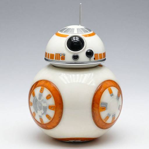 Photograph of a white, spherical droid with orange accents, black and orange eye-like sensors, and round orange wheels, resembling R2-D2