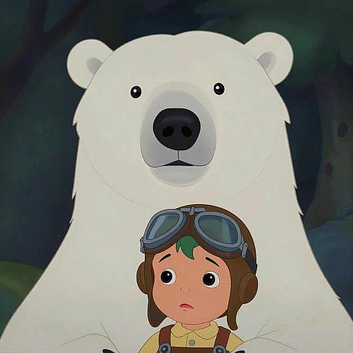 Cartoon image of a young boy with brown hair and aviator goggles, standing in front of a large, white polar bear. Dark forest background.