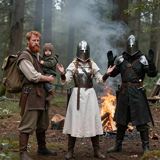 Armored Figures in a Foggy Forest