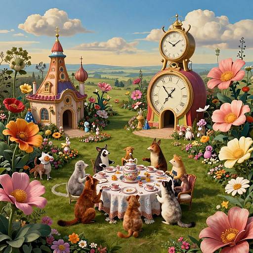 Whimsical illustration of anthropomorphic cats having tea at a round table in a vibrant garden with a clock tower and fairy-tale castle under a blue