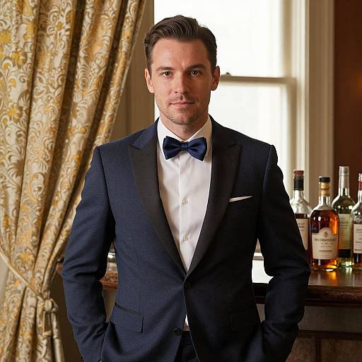 Photograph of a handsome man with short dark hair, wearing a navy blue tuxedo with black lapels and a dark blue bow tie, standing