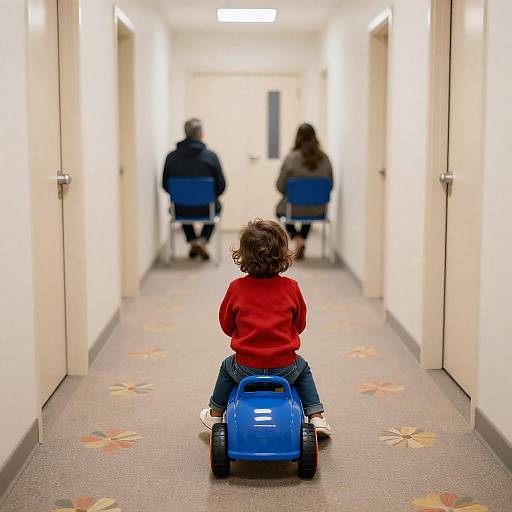 Child Playing with Toy Car in Hallway
