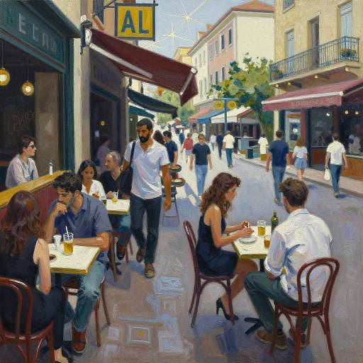 Digital painting of a bustling European street café; patrons of diverse ethnicities sit at yellow tables, chatting and drinking, with colorful buildings and awnings in