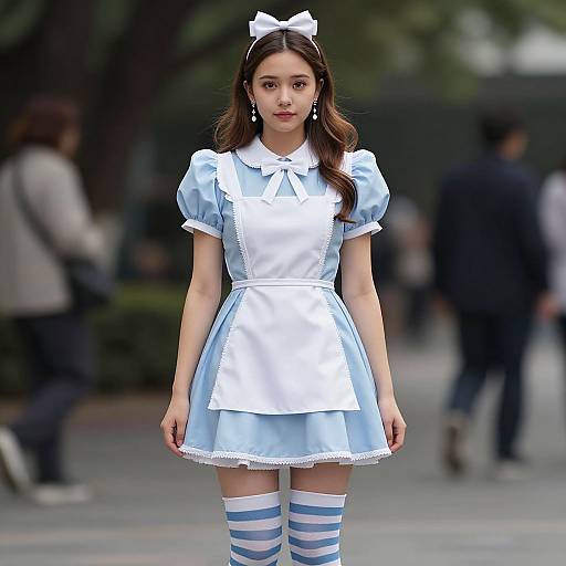 Photograph of a young Asian woman with long brown hair, wearing a blue and white Alice in Wonderland-style dress, striped stockings, white bow, and