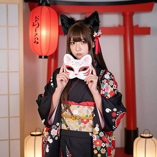 Woman in Floral Kimono with Fox Mask