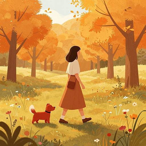 Digital illustration of a girl with brown hair in a white top and brown skirt, walking an orange dog through an autumn forest with vibrant orange trees, sunlight
