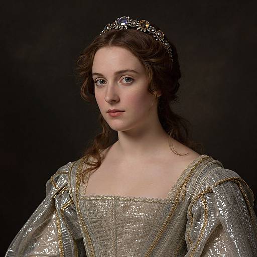 Photograph of a young woman with fair skin and wavy brown hair, wearing a shimmering silver gown with gold trim, and a jeweled head