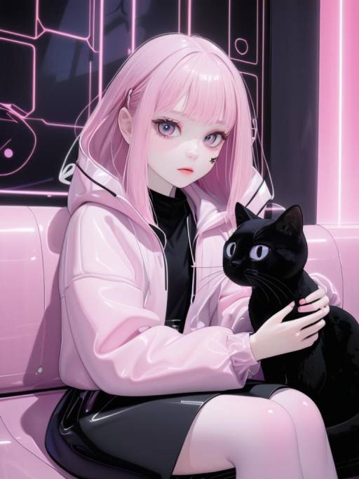 Futuristic Anime Girl with Black Cats
