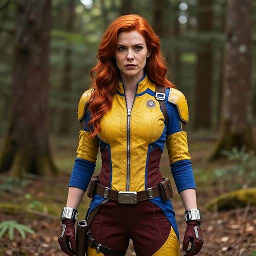 Heroic Woman in Futuristic Costume in Forest