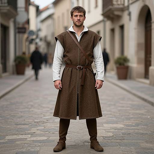 Photograph of a bearded man in medieval-style brown tunic and white shirt, standing on a cobblestone street in a European town.