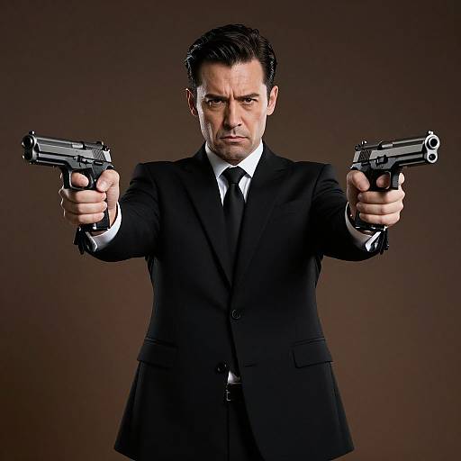 Photograph of a stern-faced, dark-haired man in a black suit and tie, holding two black handguns, pointed forward, against a dark brown background