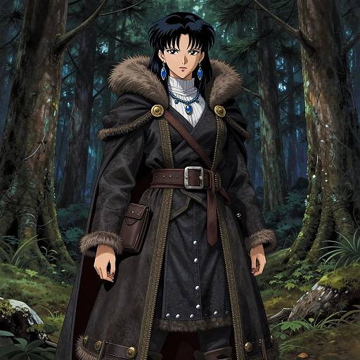 Digital anime-style drawing of a black-haired woman in a dark fur-trimmed cloak, forest background, blue necklace, belt, and pouch.