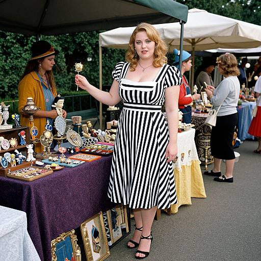 Photograph of a fair-skinned woman with curly blonde hair in a black-and-white striped dress, holding a gold candlestick, standing at an outdoor