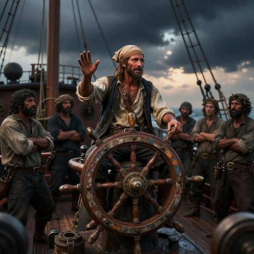 Weathered Ship Captain Steering Stormy Sea