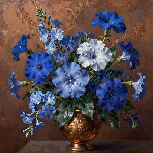 Vivid Periwinkle and Bronze Floral Oil Painting