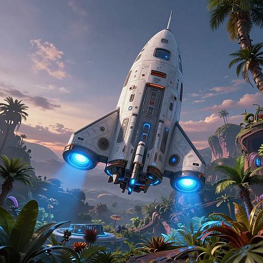 Photorealistic CGI of a white, retro-futuristic rocket ship with blue lights, hovering over a lush, tropical jungle landscape at sunset.