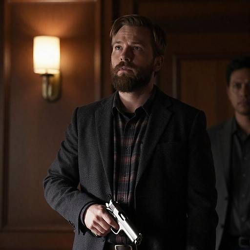 Intense Bearded Man in Dim Room