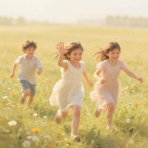 Photograph of three children, two girls and one boy, joyfully running in a sunlit, golden field with white and orange flowers.