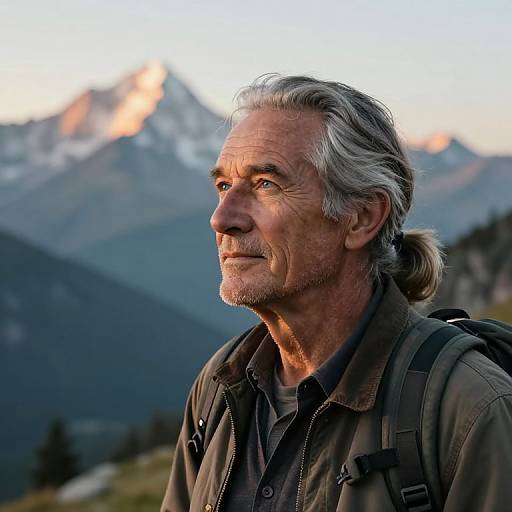 Photograph of an older, grey-haired man with a ponytail, wearing a dark jacket and backpack, gazing at snow-capped mountains in the