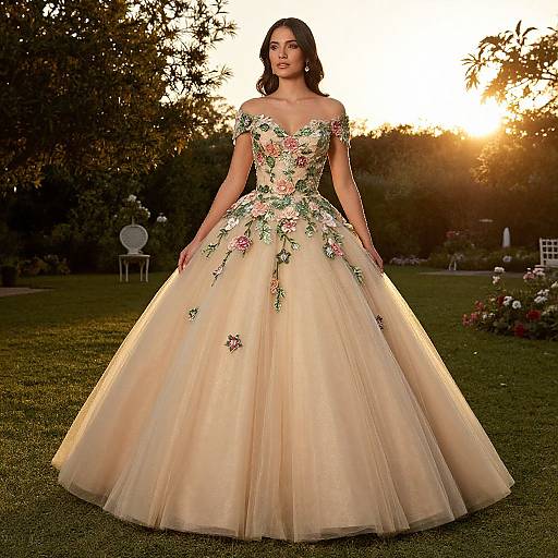 Photograph of a woman in an off-shoulder, cream-colored ball gown with floral embroidery, standing in a sunlit garden at sunset.