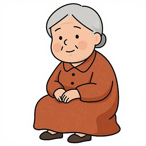 Cartoon-style drawing of an elderly woman with gray hair, wearing a red patterned dress, black shoes, and sitting with hands folded.