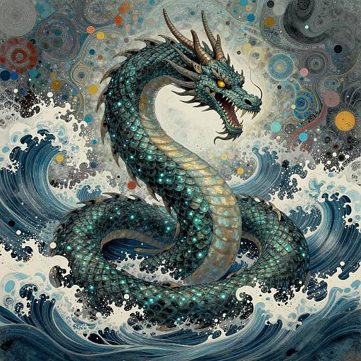 Digital art of a vibrant, teal-scaled dragon with glowing eyes and horns, coiled amidst turbulent, splashing waves against a swirling, colorful abstract