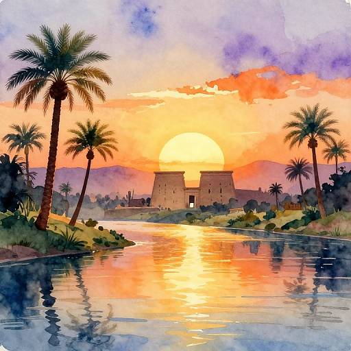 Watercolor painting of a sunset over a reflective river, with palm trees and ancient stone towers, bathed in vibrant orange and purple hues.