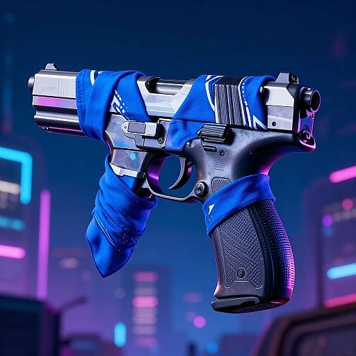 Photograph of a futuristic, blue-wrapped handgun with neon lights, floating against a cityscape backdrop of blurred, colorful skyscrapers.