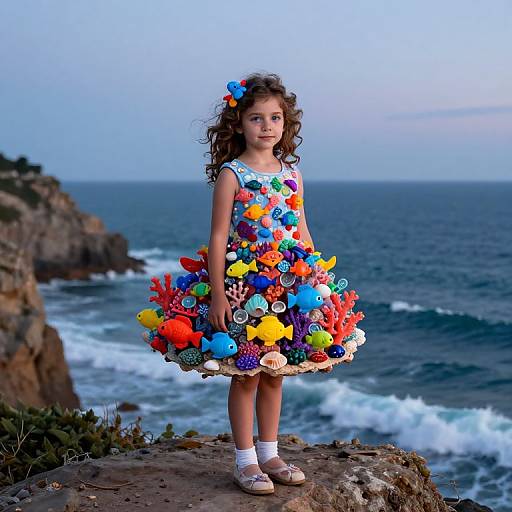 Photograph of a curly-haired young girl in a colorful, seashell-adorned dress, standing on a rocky cliff overlooking a blue ocean at