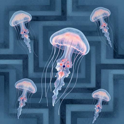 Digital artwork of five glowing jellyfish with pink and blue bioluminescence, floating against a blue, maze-like patterned background.