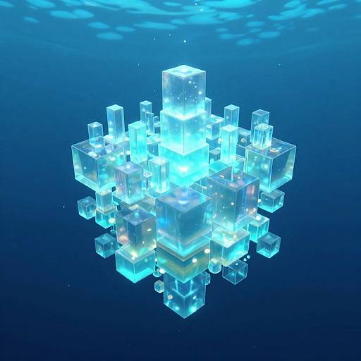 Digital CGI image of a glowing, transparent, crystalline snowflake structure suspended in a deep blue underwater-like background.