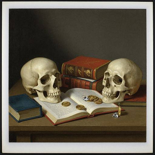Photograph of two yellowed skulls with empty eye sockets, resting on a wooden table with open book, coins, and stacked leather-bound books. Dark