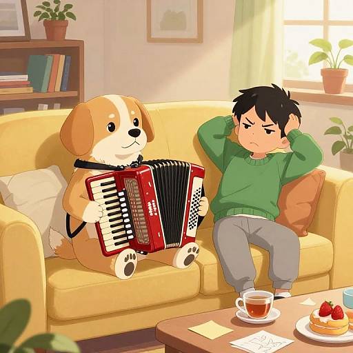 Digital illustration of a black-haired boy in a green sweater sitting on a yellow couch, annoyed, next to a dog playing a red accordion, with a