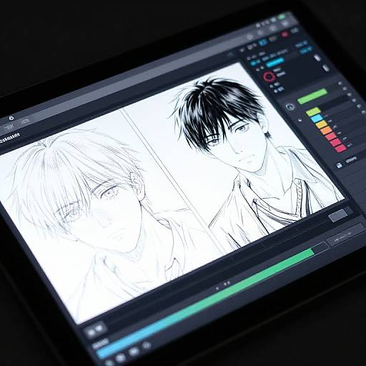 Digital drawing tablet screen displaying a black-and-white sketch of two anime-style characters with short hair, visible on a bright white background. Color control panel on