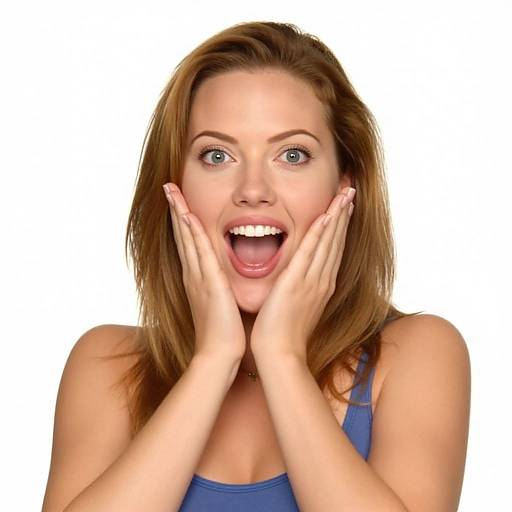 Photograph of a surprised young woman with light brown hair, blue eyes, and a wide open mouth, hands covering her cheeks, wearing a blue tank