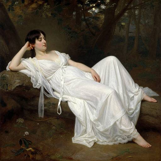 Painting of a fair-skinned woman with dark hair, reclining in a white, lacy gown, against a dark forest background. She ex