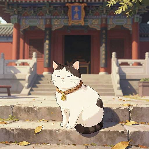 Sleepy Temple Cat in Manga Style