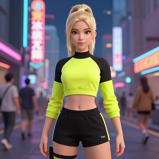 Digital art of a blonde woman with a high ponytail, wearing a neon yellow and black crop top, black shorts, and thigh holster, standing in