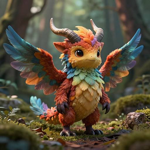 Digital art of a cute, fluffy, red-orange dragon with colorful wings, horns, and feathers, standing in a lush, misty forest.