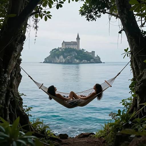Photograph of a woman with dark curly hair, sitting in a white hammock between two trees, overlooking a serene ocean and a distant island with a