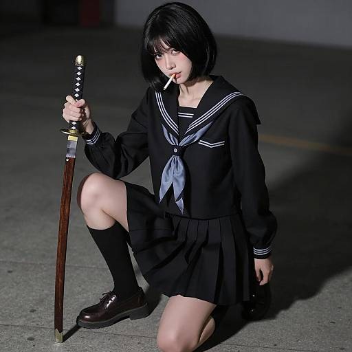 Asian Woman in Sailor School Uniform with Katana